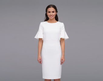 White pencil dress, Simple wedding dress, Short ruffle sleeve midi dress women, Party dresses for women, Minimalist wedding dress