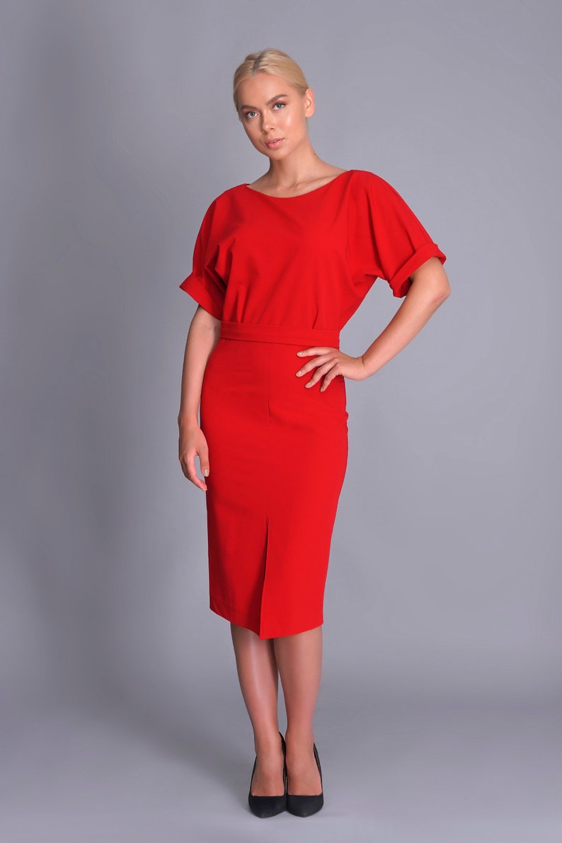 Red Midi Dolman Sleeve Blouson Dress, Business Work Batwing Dress