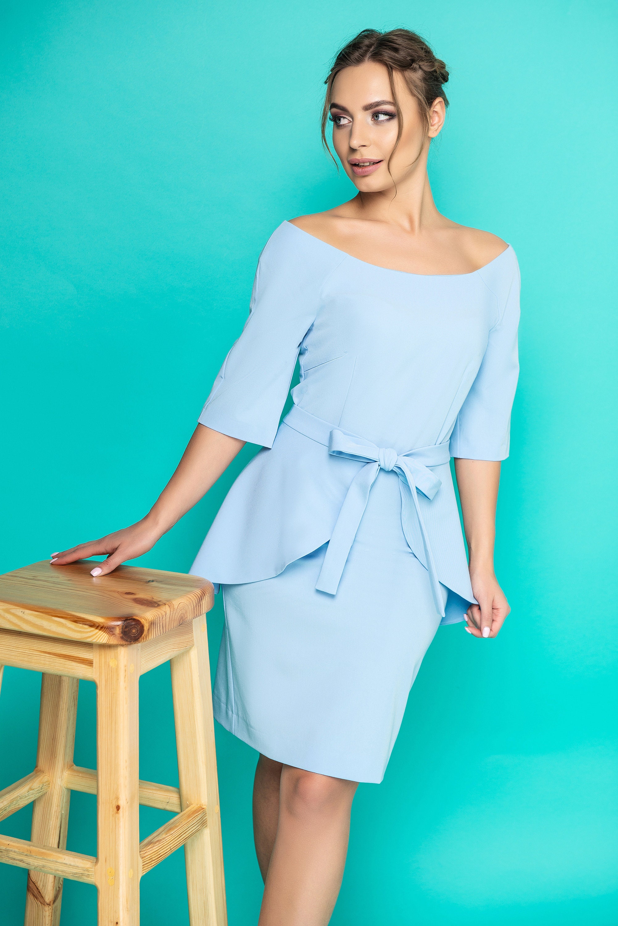Light Blue Boat Neck Pencil Dress With Removable Peplum, Mother of the ...