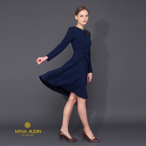 Navy blue long sleeve midi clearance dress