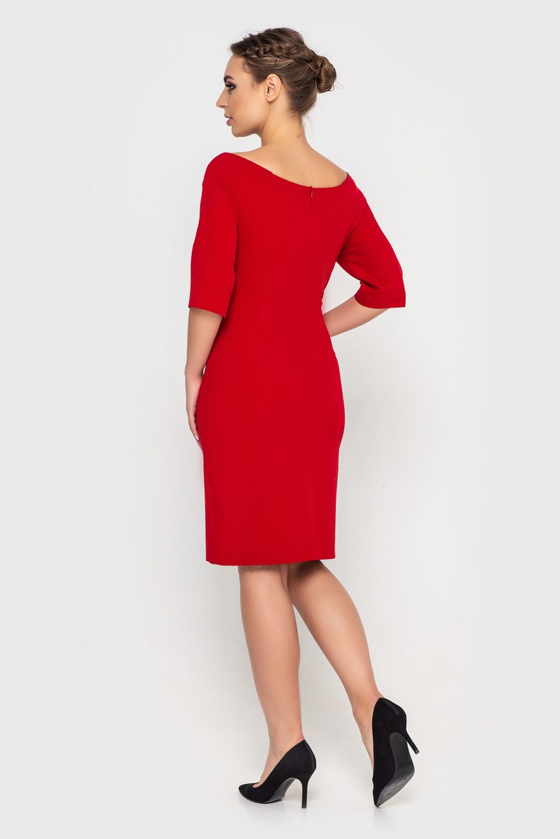 Red Boat Neck Pencil Dress With Removable Peplum, Business Dress With ...