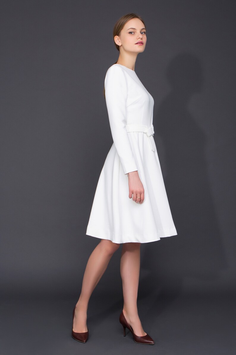 White midi fit and flare dress Long Sleeve wedding guest | Etsy