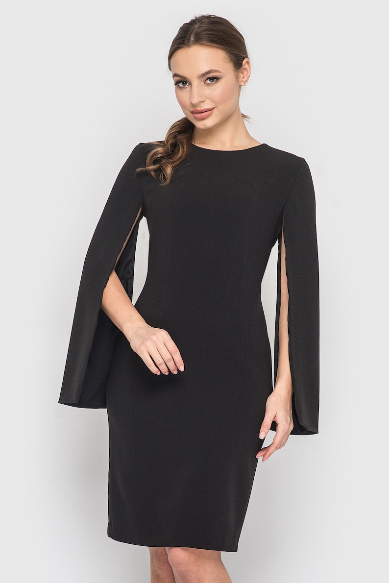 Black Cape Sleeve Dress, Elegant Wedding Guest Dress, Formal Cocktail — free download
