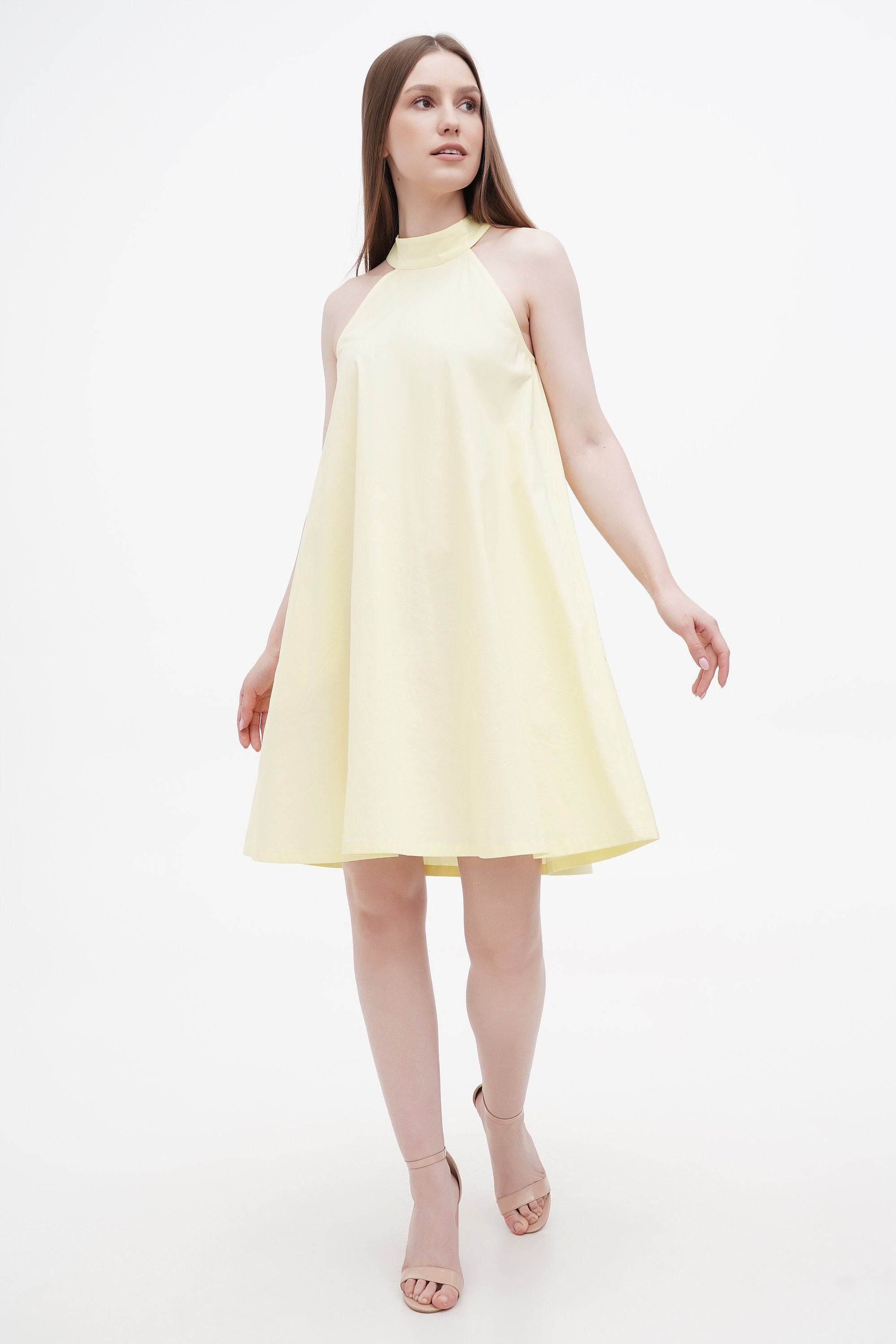 Snuggle Spot Women's Polyester Printed Halter Neck Sleeveless Dress (Yellow)