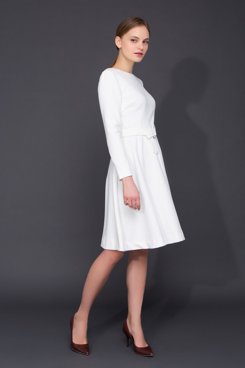 White midi fit and flare dress Long Sleeve wedding guest | Etsy