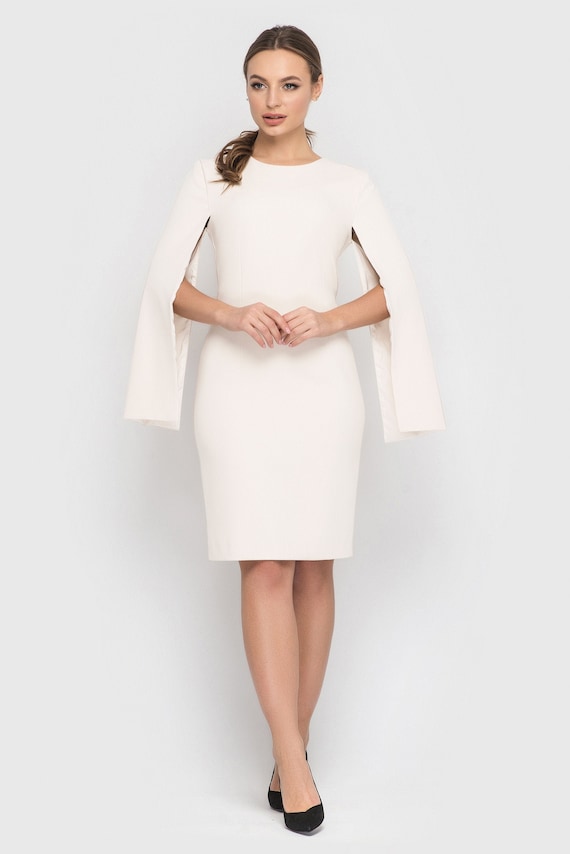 White Cape Sleeve Dress Minimalist ...