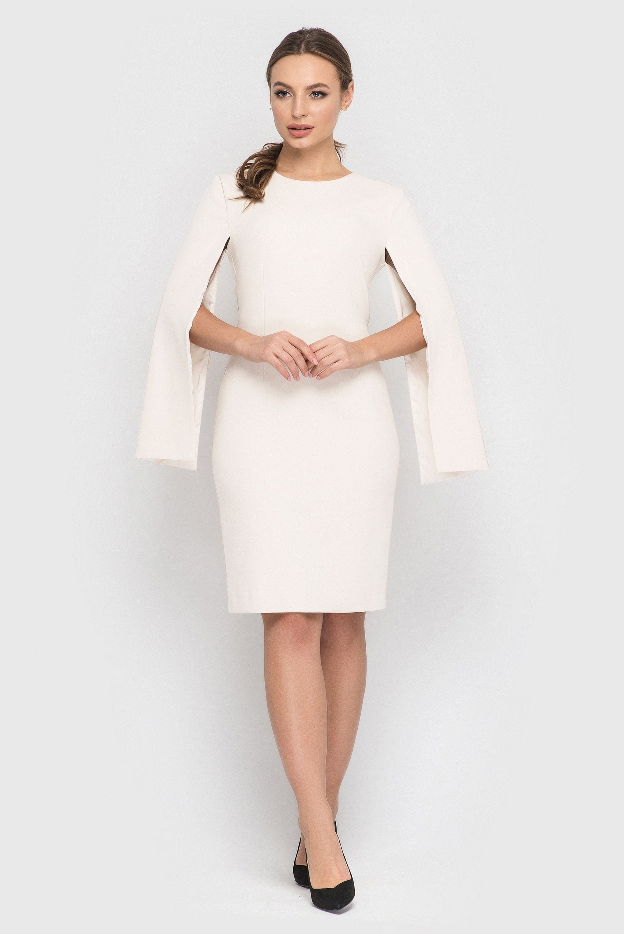 White Cape Sleeve Dress Minimalist ...