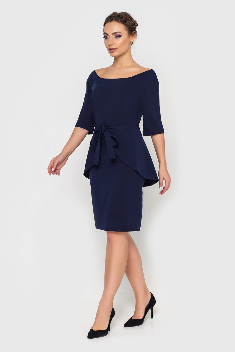 Midi dresses for women wedding guest, Mother of the bride groom dress, Navy blue boat neck pencil dress with removable peplum Cocktail Dress 