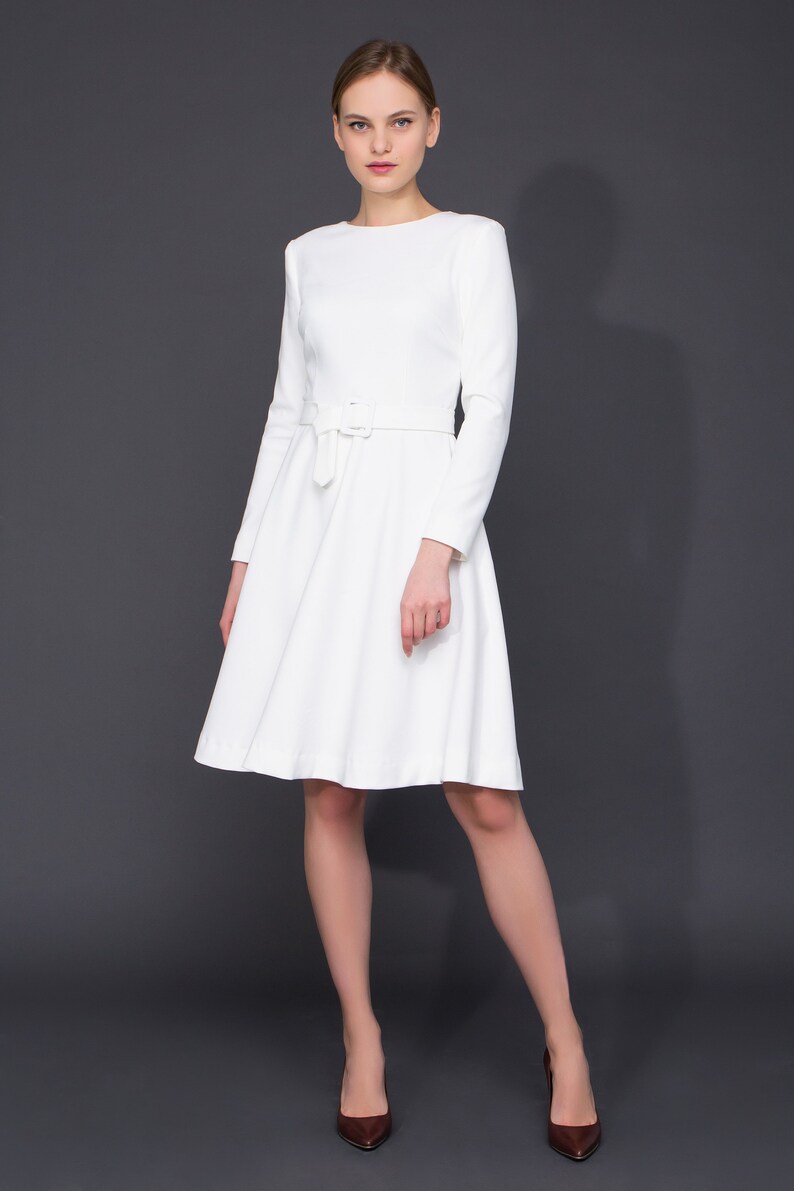 White midi fit and flare dress Long Sleeve wedding guest | Etsy