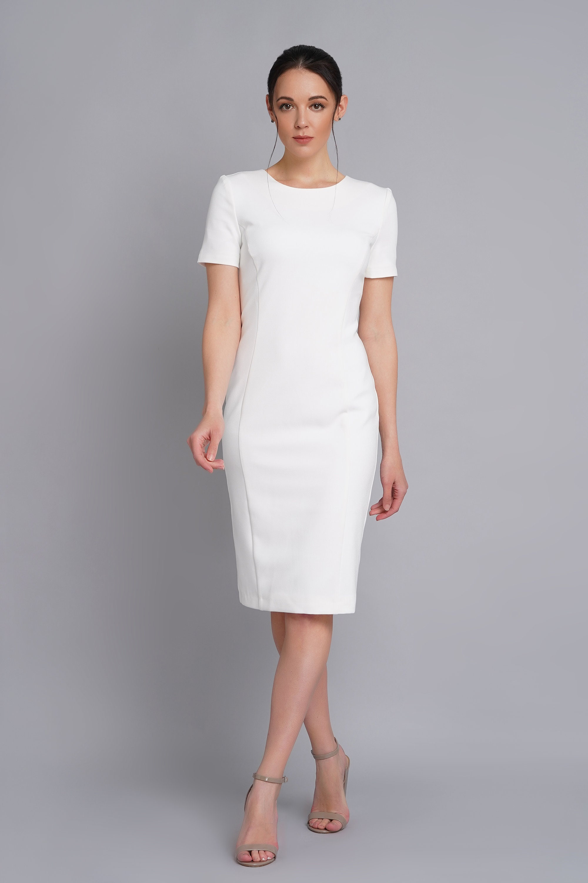 White Sheath Midi Dress Short Sleeve ...