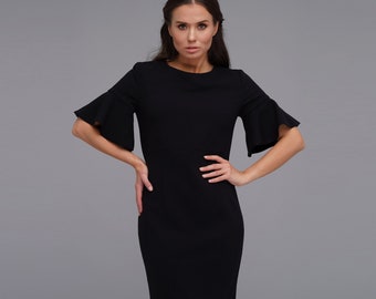 Black pencil dress women, Lined Classy business dress, Party cocktail dress, Minimalist dress sleeves, Professional dress, Modern workwear