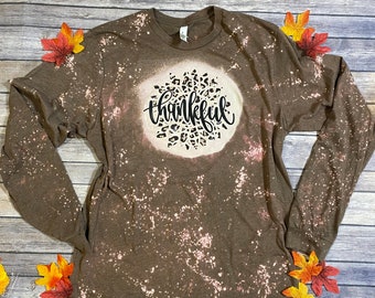 Thankful Cheetah Sunflower Bleach Dye Thanksgiving Graphic T