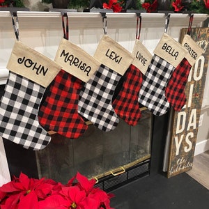 Personalized Buffalo Plaid Holiday Stockings in Red|Black and White|Black