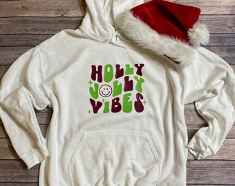 Holly Jolly Vibes Retro Holiday White Hooded Sweatshirt