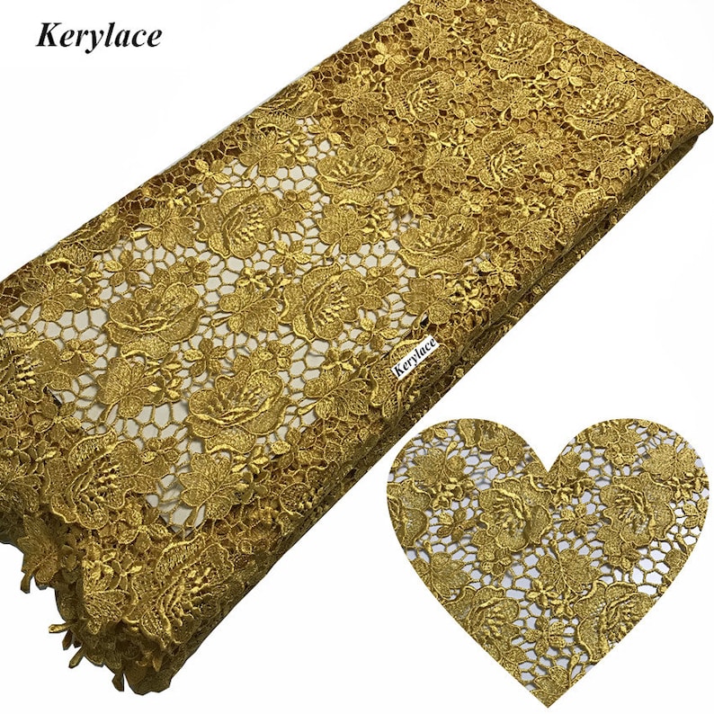 Gold Blue Sewing Crafts High Quality African Lace Fabric Bridal Embroidery Nigerian Style Cord Lace Guipure Lace Fabric Wedding Dresses Mesh