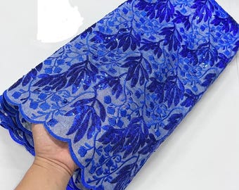 Embroidered Blue Beaded Lace Fabric: 5 Yards, Wedding Dress Tulle Tissu