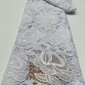 White 5 Yards Sewing Fabric Sequin Embroidery Mesh Tulle Lace Fabric Textile High Quality African Swiss Voile Lace Wedding Party Lace New