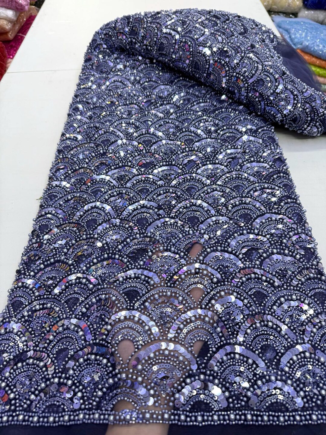 Cobalt & Aqua Floral Medallion Sequin Lace Print Fabric with Scalloped Edge and Lustrous Sheen
