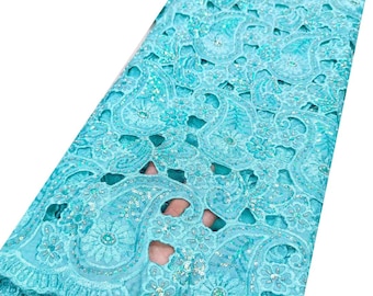 Tela de tul con cuentas gruesas para coser lentejuelas, encaje bordado, gasa, encaje, tela para boda, vestido de novia, tela africana de encaje, aguamarina, blanco y dorado