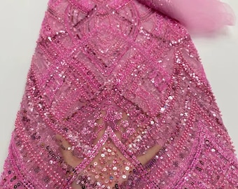 High Quality African Lace Fabric 5 Yards Embroidery Beaded Sequin Lace Fabric Party Dress Tissu Tulle Net Lace Swiss Voile Lace Fabrics Pink