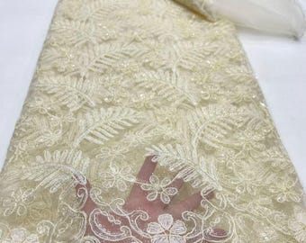 Green Peach Embroidery Lace, Sequin Textile Tulle Bridal Fabric, 5 Yards