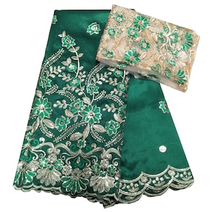 5+2 Yards/Set Embroidery Sequins New George Lace High Quality African Lace Fabric Sewing Craft Tissu Nigerian Fabrics Party Green Silk Dress