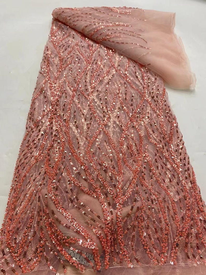 Peach Beaded Embroidery Tulle
