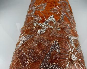 Embroidery Tulle Fabric with Sequins and Beads for Bridal Dresses Orange Green