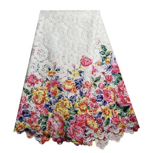 High Quality African Cord Lace Fabric Embroidery Prints Women Nigerian Guipure Lace Cotton Fabric Design For Wedding Dress Blue White Yellow
