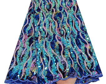 Blue Sequin Lace Fabric, 5 Yards, Nigerian Tulle Mesh