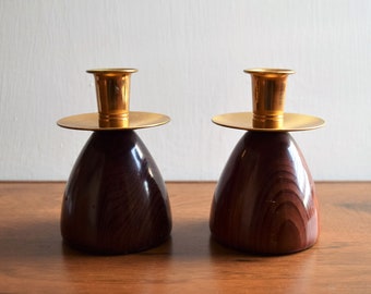 Set of 2 California Redwood Candle Holders/  Brass and Wood Candlestick/WCH004
