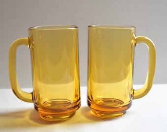 Set of 2 Amber Hazel Atlas Beer Glasses/ Glass Mugs