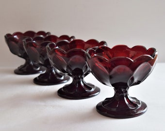 Set of 4 Ruby Red Anchor Hocking Scallop Sherbets Ice Cream Dishes Vintage glasses Dessert Glasses