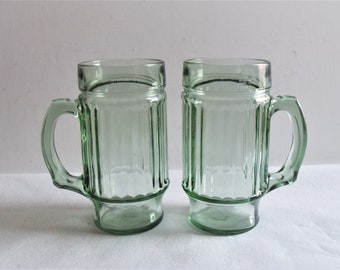Set of 2 Green Beer Glasses/ Vintage Glass Mugs