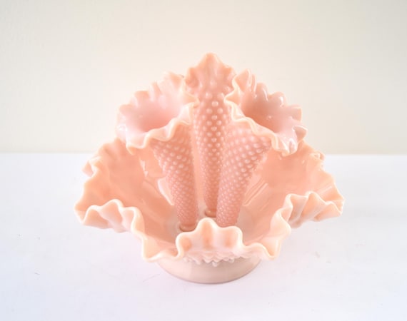 Fenton Pink Hobnail Milk Glass Epergne Vase 6