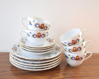 Porsgrund Farmer's Rose lunchset - 15-delig met gouden rand Made in Norway