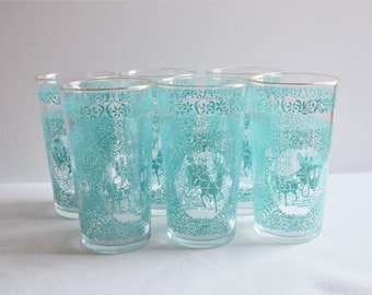 Blue Horse and Buggy Tumblers With Gold Rim Set of 6 Retro Glass Tumblers