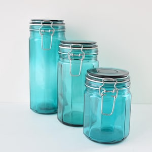 Juego de 3 botes de vidrio verde, recipientes de almacenamiento de vidrio, accesorios de cocina coleccionables
