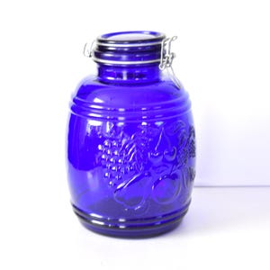 Large Cobalt Blue Glass Jar Casadis Milano "Baril de Fruits" Canisters Vtg Glass Storage Containers Kitchen Accessories 10-1/4" tall 16 cups