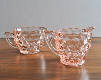 Pink Depression Glass Diamond Pattern Sugar and Creamer Set/Jeanette Cube Pattern Pink Glassware/