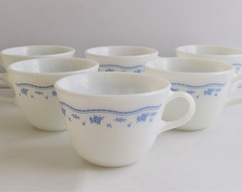 Pyrex Morning Blue Cups Set of 6 Coffee Tea Milk Glass Mugs