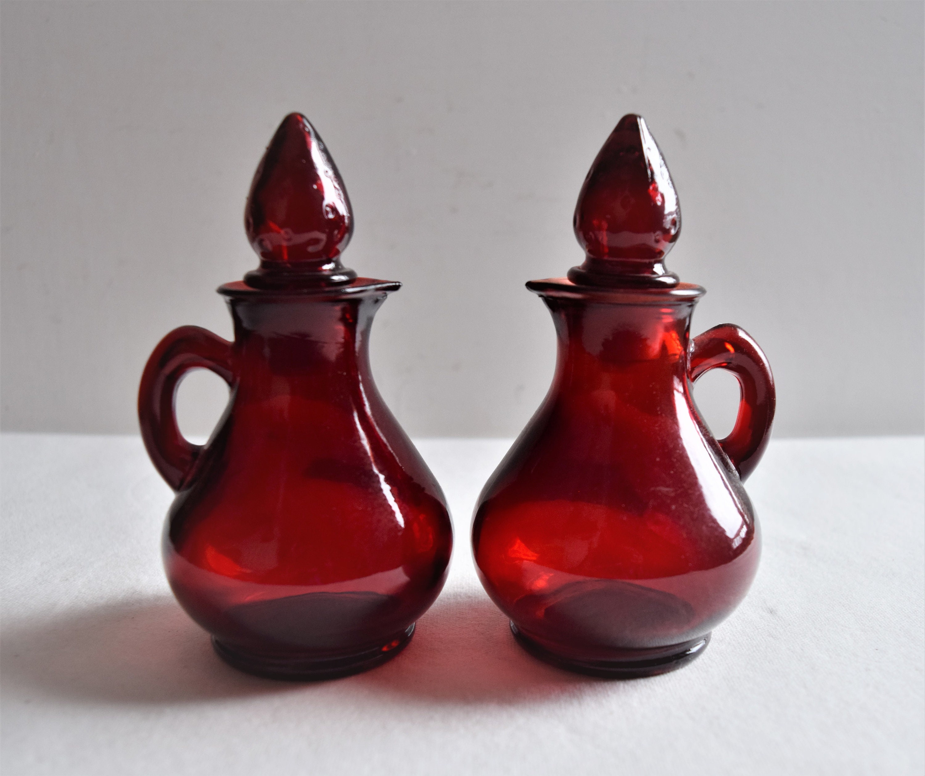 Set of 2 Ruby red Avon Cruets/ Little Avon Bottle with Stopper/