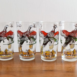 Set of 4 Bird Hunting Pattern Glass Tumblers/Retro Glass Tumblers/Vintage Hazel Atlas Glasses