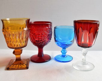 Set of 4 Mixed Wine Glasses/ Different Colored Goblets/ Red- Amber- Blue Wine Glasses/ Lot G002