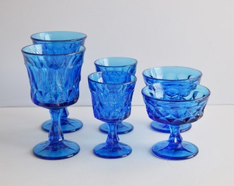 Set of 6 Noritake Perspective Glasses 3-Sizes Blue Goblets Champagne Wine Water