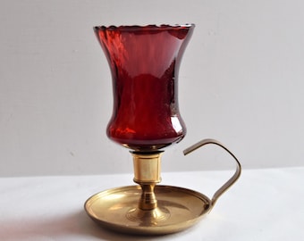 Skultuna Brass Candle Holder No. 41 with Red Glass Votive