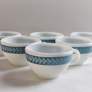 Teal Pyrex Laurel Leaf Cups White Milk Glass Coffee teatime Made in the USA Set of 6