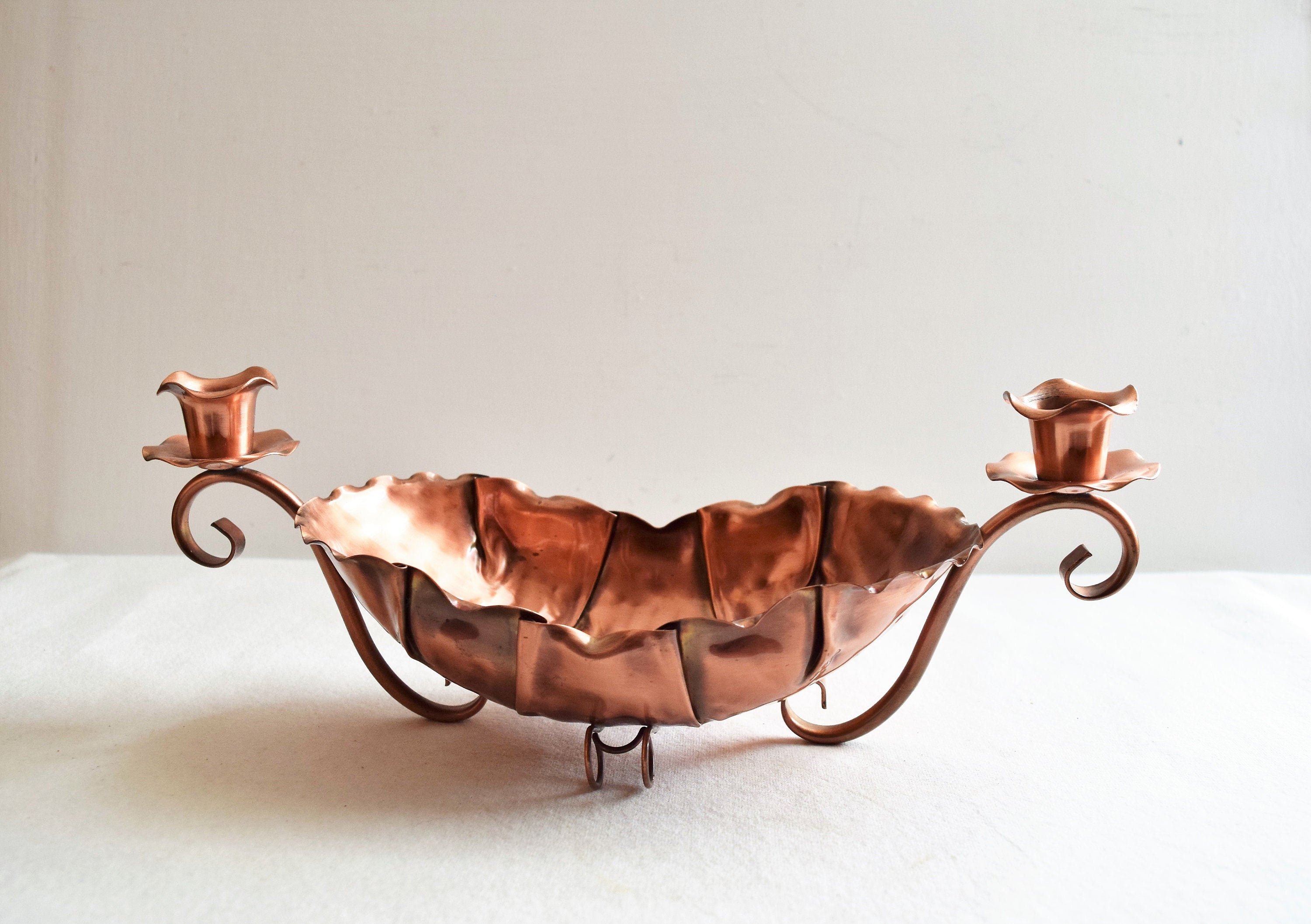 Vintage Gregorian Copper Bowl and Candle Holder Centerpiece