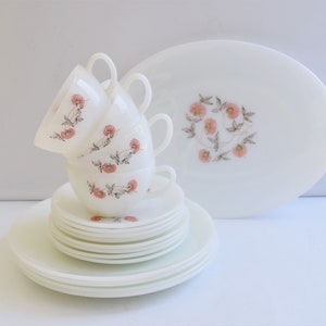 Fire king Fleurette Pink Milk Glass Dinnerware Set of 17 Pieces