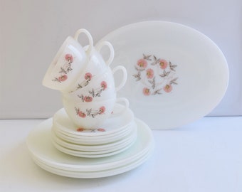 Fire king Fleurette Pink Milk Glass Dinnerware Set of 17 Pieces